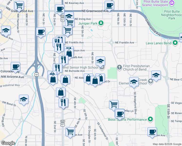 map of restaurants, bars, coffee shops, grocery stores, and more near 130 Northeast 6th Street in Bend