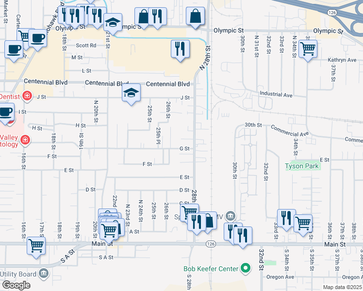 map of restaurants, bars, coffee shops, grocery stores, and more near 2706 G Street in Springfield