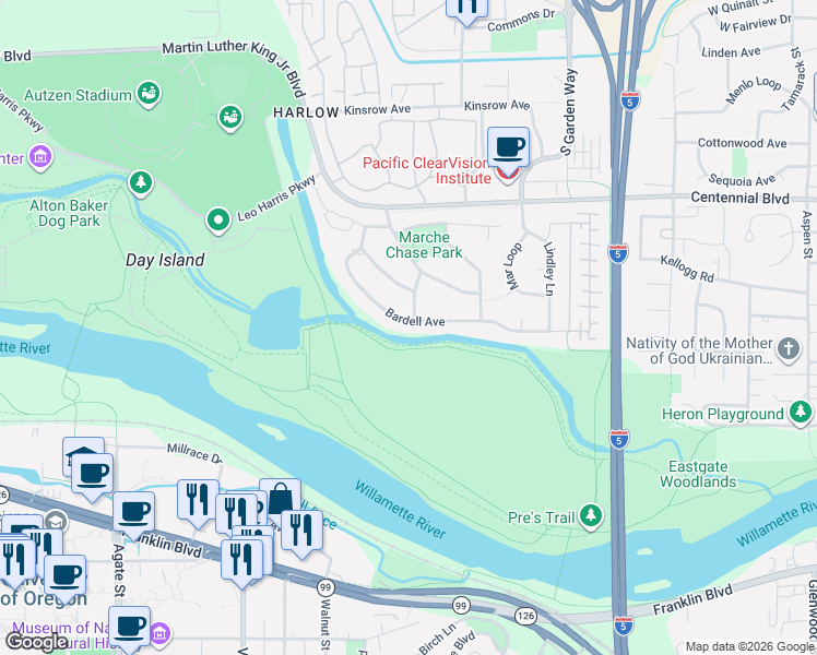map of restaurants, bars, coffee shops, grocery stores, and more near 3398 Bardell Avenue in Eugene