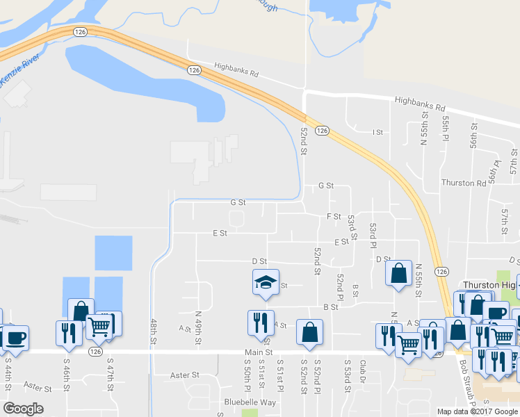 map of restaurants, bars, coffee shops, grocery stores, and more near 5081 G Street in Springfield