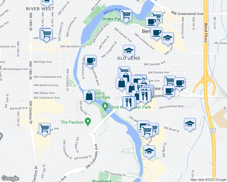 map of restaurants, bars, coffee shops, grocery stores, and more near 97 Northwest Adams Place in Bend
