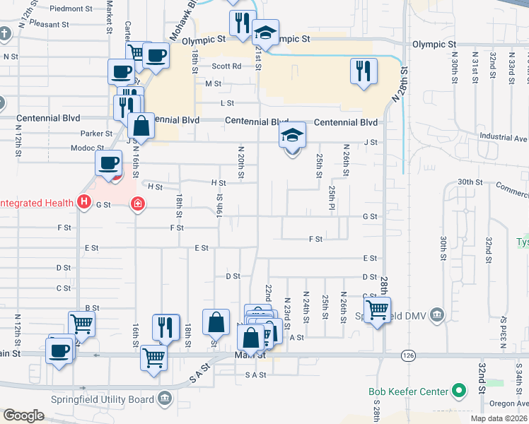 map of restaurants, bars, coffee shops, grocery stores, and more near 2120 G Street in Springfield