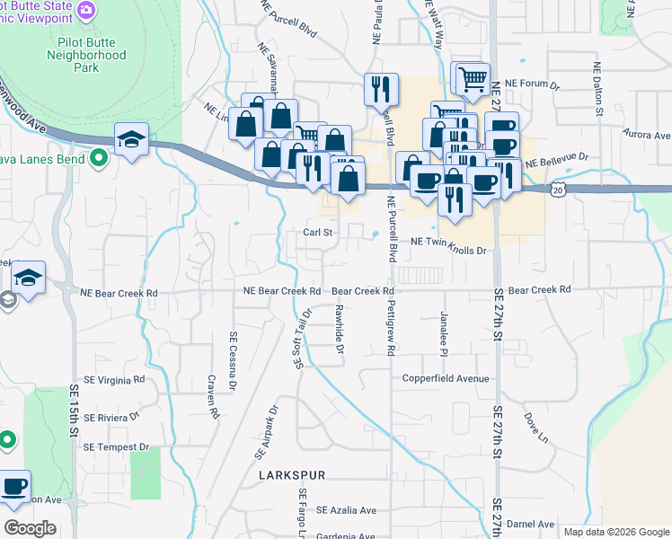 map of restaurants, bars, coffee shops, grocery stores, and more near 62015 Dean Swift Road in Bend