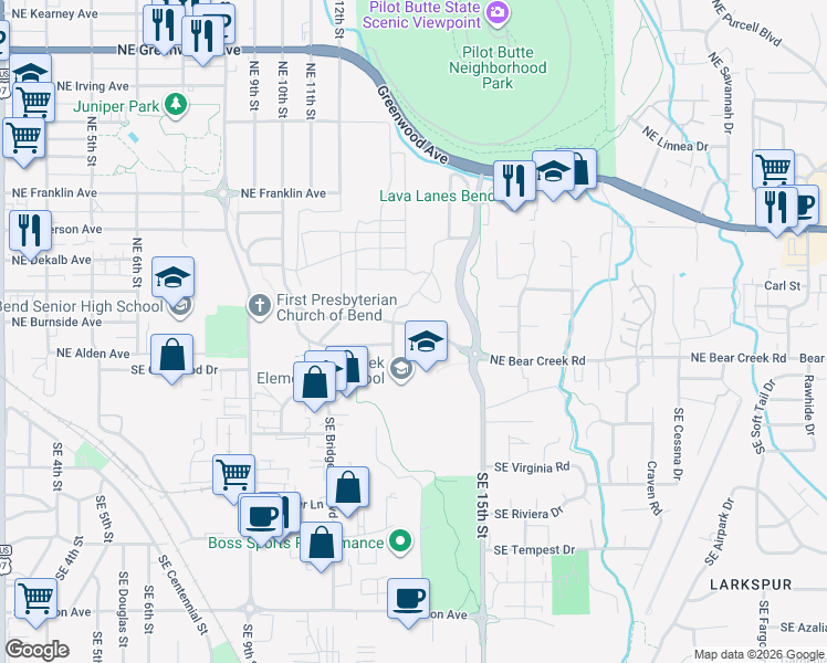 map of restaurants, bars, coffee shops, grocery stores, and more near 108 Northeast 13th Street in Bend