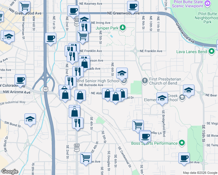 map of restaurants, bars, coffee shops, grocery stores, and more near 130 Northeast 6th Street in Bend