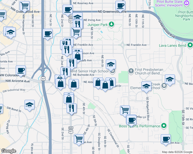 map of restaurants, bars, coffee shops, grocery stores, and more near 130 Northeast 6th Street in Bend