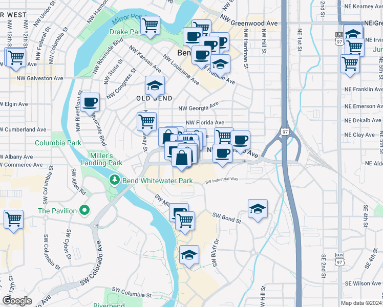 map of restaurants, bars, coffee shops, grocery stores, and more near 613 Northwest Colorado Avenue in Bend