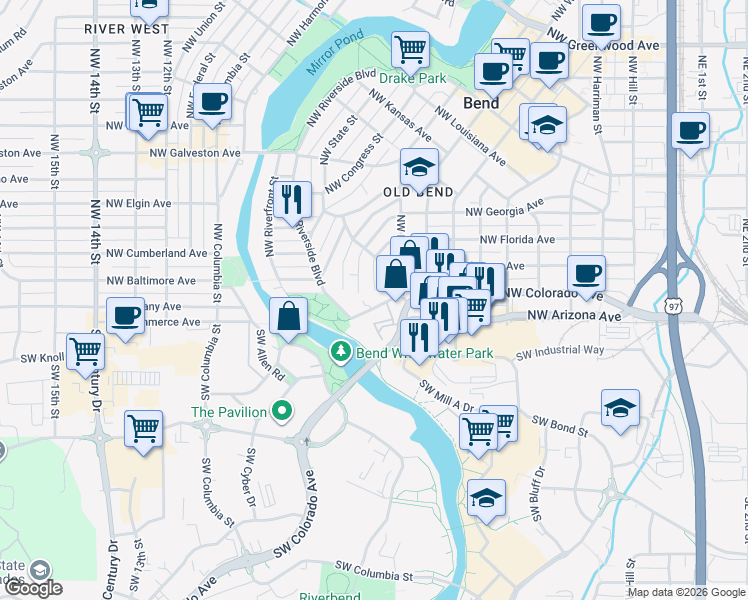 map of restaurants, bars, coffee shops, grocery stores, and more near 99 Northwest Adams Place in Bend