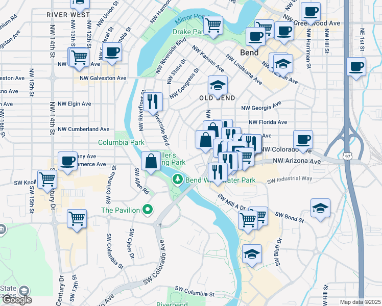 map of restaurants, bars, coffee shops, grocery stores, and more near 99 Northwest Adams Place in Bend