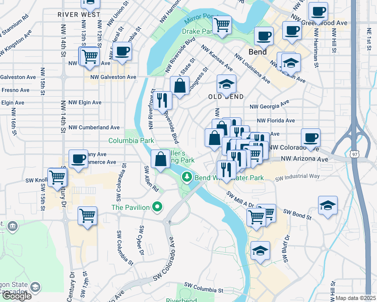 map of restaurants, bars, coffee shops, grocery stores, and more near 98 Northwest Riverside Boulevard in Bend