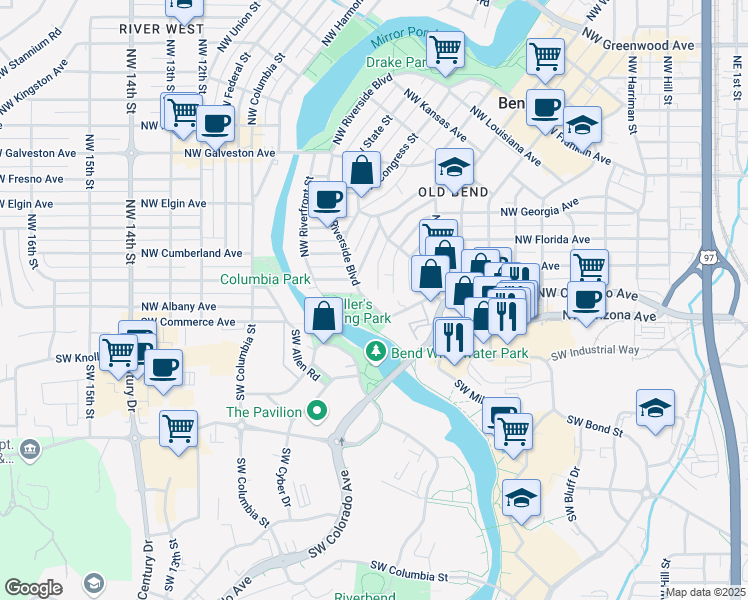 map of restaurants, bars, coffee shops, grocery stores, and more near 98 Northwest Riverside Boulevard in Bend