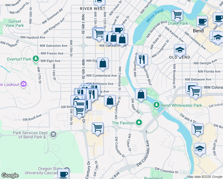 map of restaurants, bars, coffee shops, grocery stores, and more near 1034 Northwest Albany Avenue in Bend