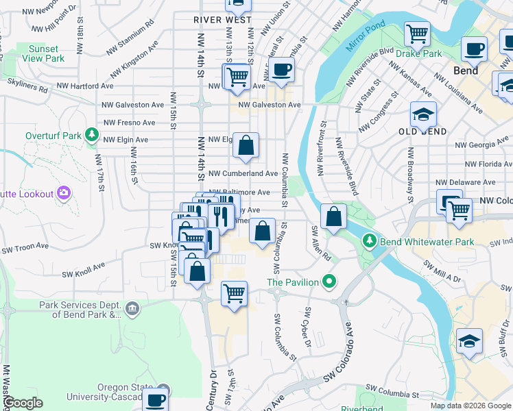 map of restaurants, bars, coffee shops, grocery stores, and more near 1204 Northwest Albany Avenue in Bend