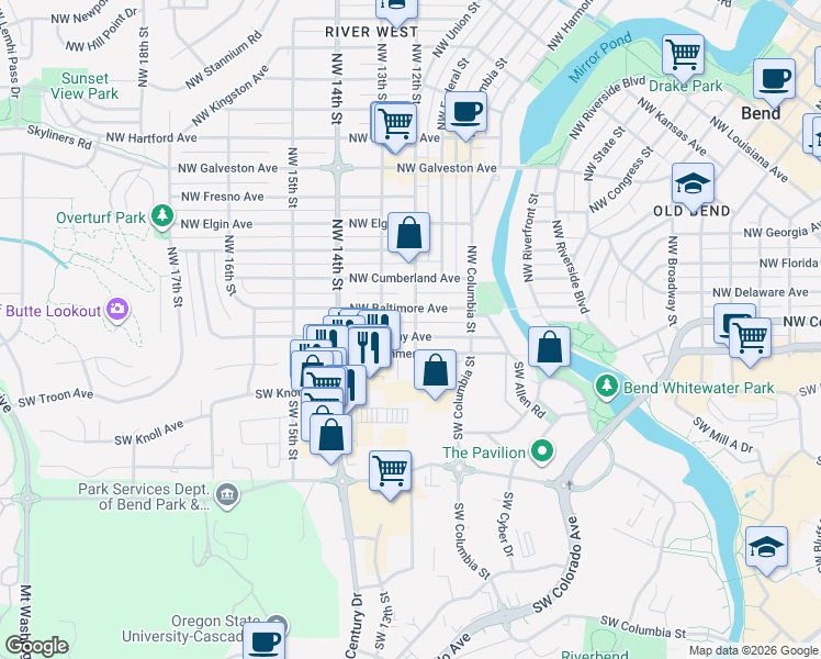 map of restaurants, bars, coffee shops, grocery stores, and more near 1204 Northwest Albany Avenue in Bend