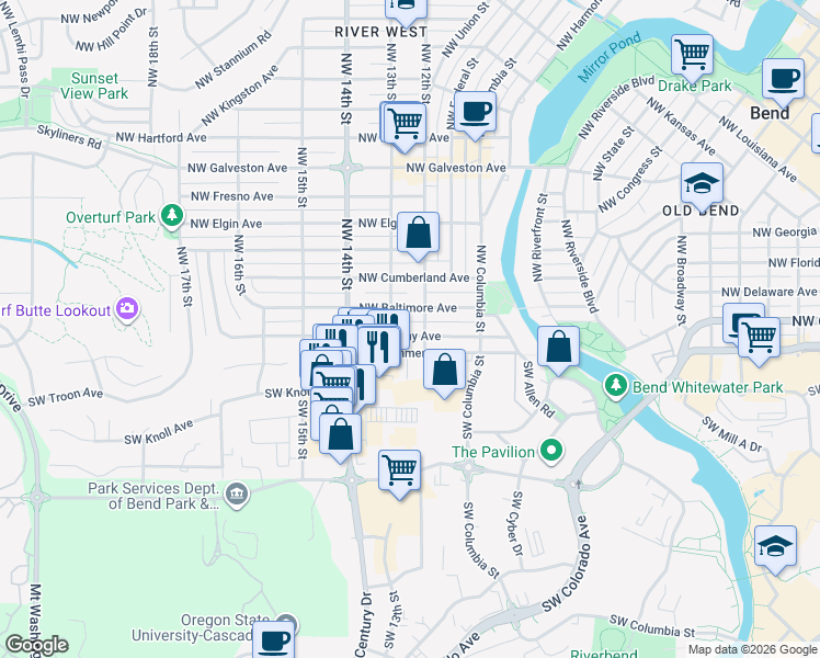 map of restaurants, bars, coffee shops, grocery stores, and more near 1204 Northwest Albany Avenue in Bend