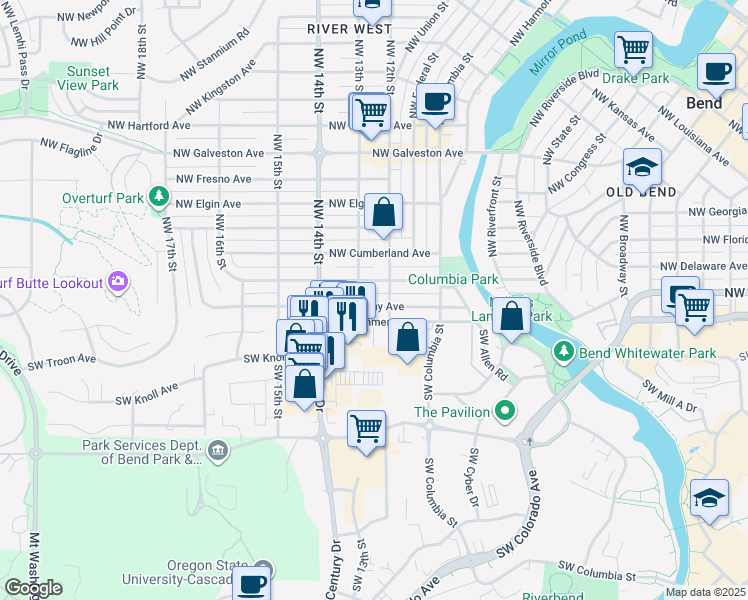 map of restaurants, bars, coffee shops, grocery stores, and more near 1204 Northwest Albany Avenue in Bend