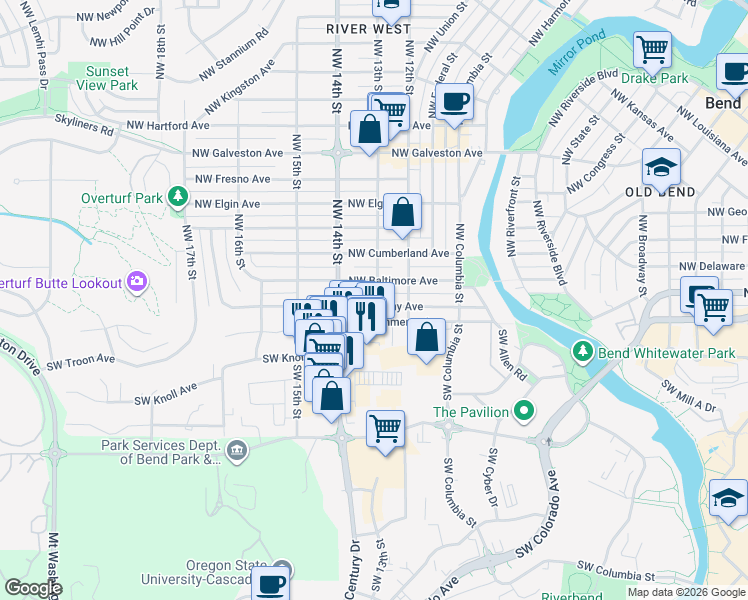 map of restaurants, bars, coffee shops, grocery stores, and more near 1310 Northwest Albany Avenue in Bend