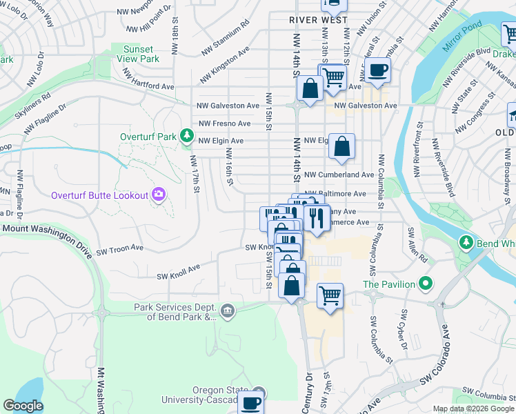 map of restaurants, bars, coffee shops, grocery stores, and more near 1598 Northwest Albany Avenue in Bend