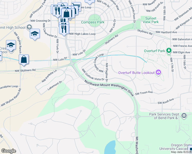 map of restaurants, bars, coffee shops, grocery stores, and more near 154 Northwest Outlook Vista Drive in Bend