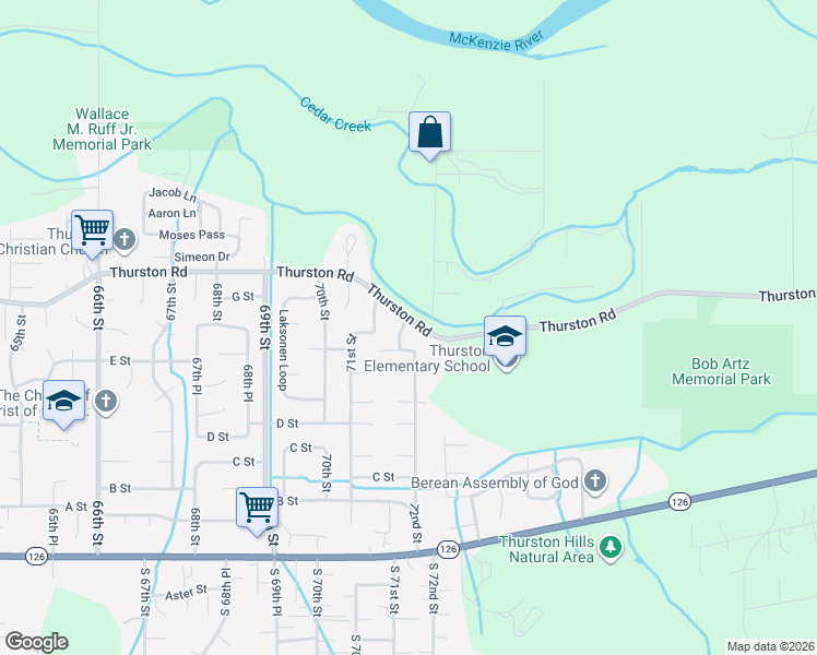 map of restaurants, bars, coffee shops, grocery stores, and more near 7227 Thurston Road in Springfield