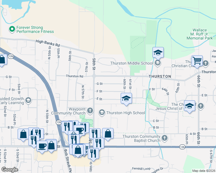 map of restaurants, bars, coffee shops, grocery stores, and more near 5941 G Street in Springfield