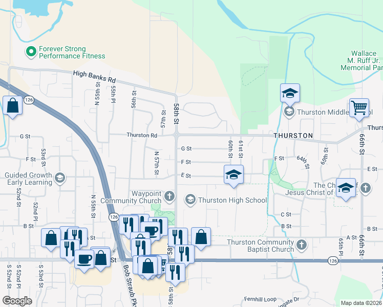map of restaurants, bars, coffee shops, grocery stores, and more near 5869 G Street in Springfield