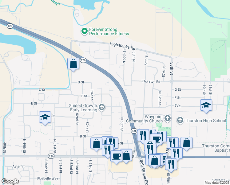 map of restaurants, bars, coffee shops, grocery stores, and more near 669 54th Street in Springfield