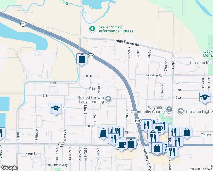 map of restaurants, bars, coffee shops, grocery stores, and more near 5360 F Street in Springfield
