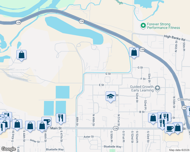 map of restaurants, bars, coffee shops, grocery stores, and more near 4945 G Street in Springfield