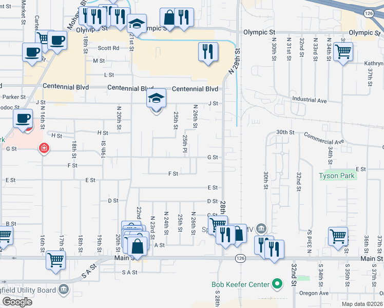 map of restaurants, bars, coffee shops, grocery stores, and more near 2570 G Street in Springfield