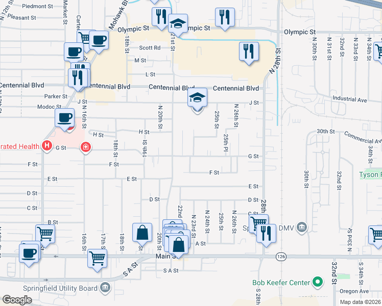 map of restaurants, bars, coffee shops, grocery stores, and more near 2298 G Street in Springfield