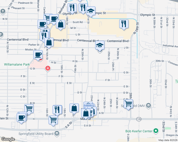 map of restaurants, bars, coffee shops, grocery stores, and more near 2120 G Street in Springfield