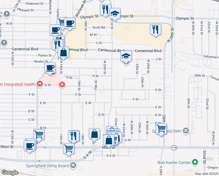 map of restaurants, bars, coffee shops, grocery stores, and more near 2120 G Street in Springfield
