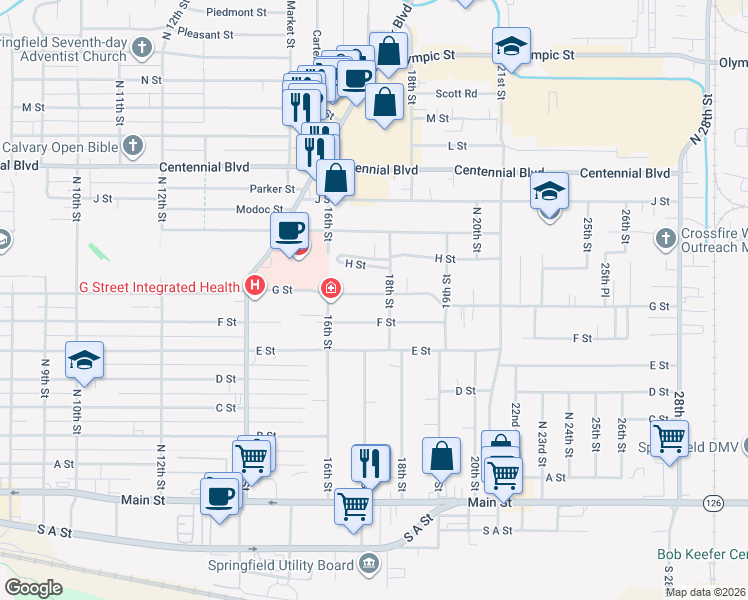 map of restaurants, bars, coffee shops, grocery stores, and more near 1705 G Street in Springfield