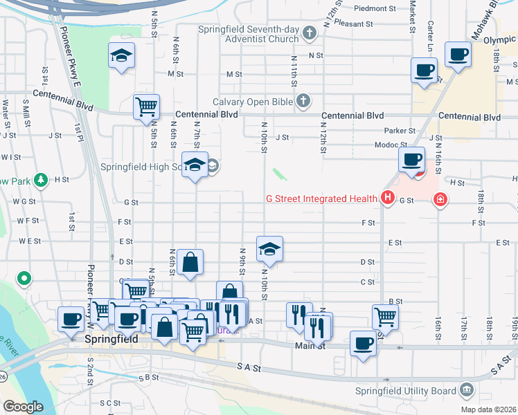 map of restaurants, bars, coffee shops, grocery stores, and more near 749 9th Street in Springfield