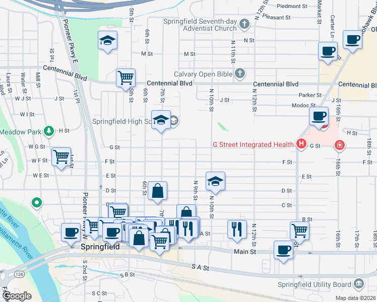 map of restaurants, bars, coffee shops, grocery stores, and more near 751 8th Street in Springfield