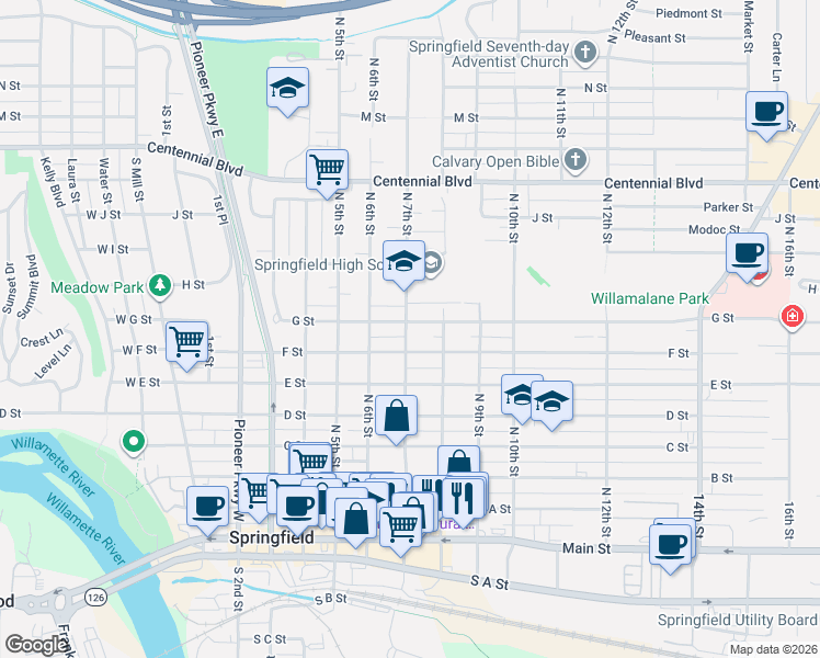 map of restaurants, bars, coffee shops, grocery stores, and more near 703 G Street in Springfield