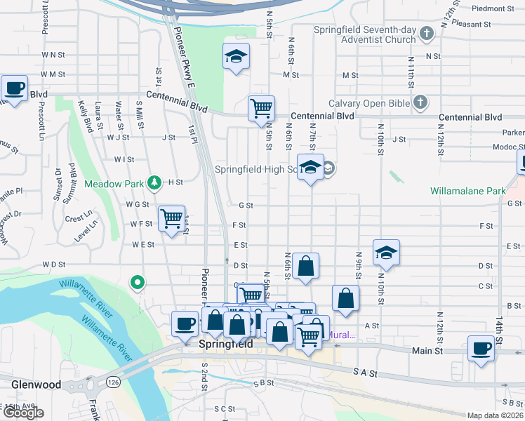 map of restaurants, bars, coffee shops, grocery stores, and more near in Springfield