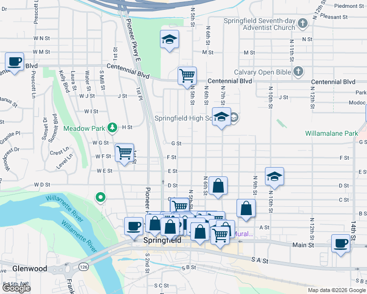 map of restaurants, bars, coffee shops, grocery stores, and more near in Springfield