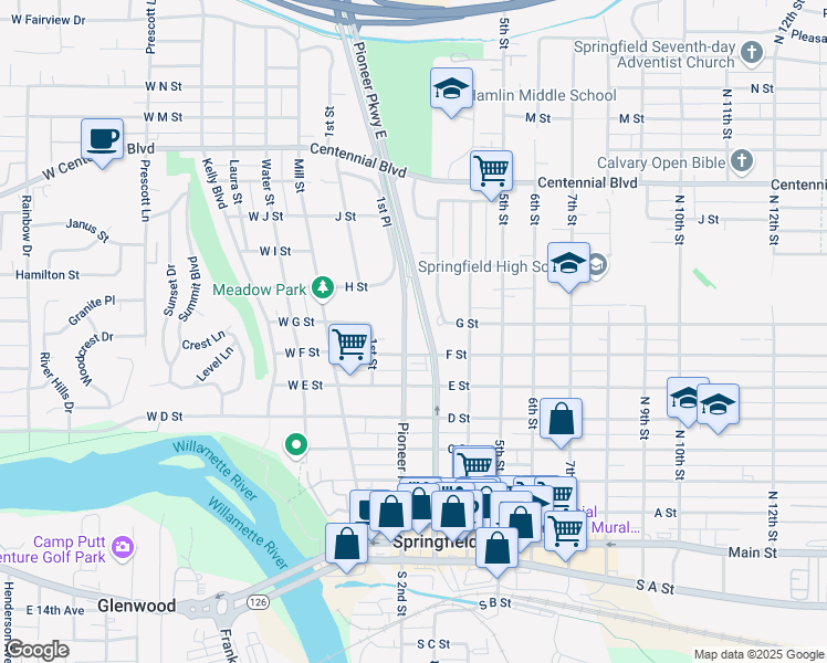 map of restaurants, bars, coffee shops, grocery stores, and more near 250 F Street in Springfield