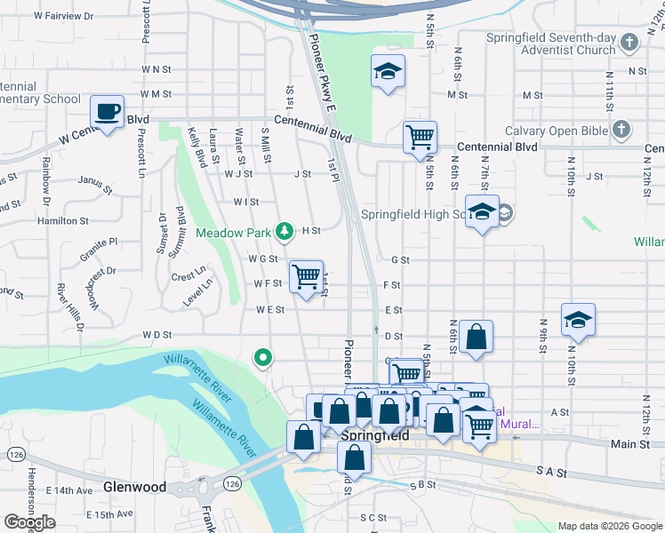 map of restaurants, bars, coffee shops, grocery stores, and more near 737 1st Street in Springfield