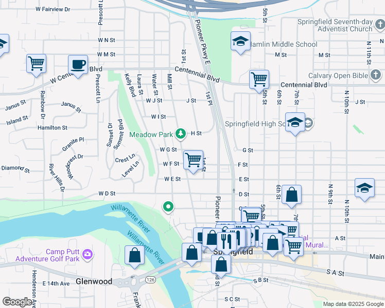 map of restaurants, bars, coffee shops, grocery stores, and more near 700 1st Street in Springfield