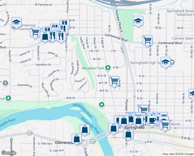 map of restaurants, bars, coffee shops, grocery stores, and more near 733 Kelly Boulevard in Springfield