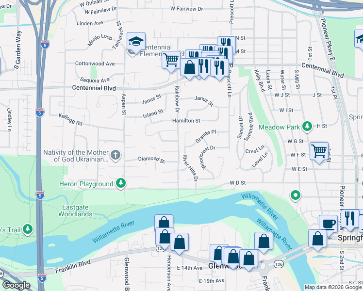 map of restaurants, bars, coffee shops, grocery stores, and more near 746 River Hills Drive in Springfield