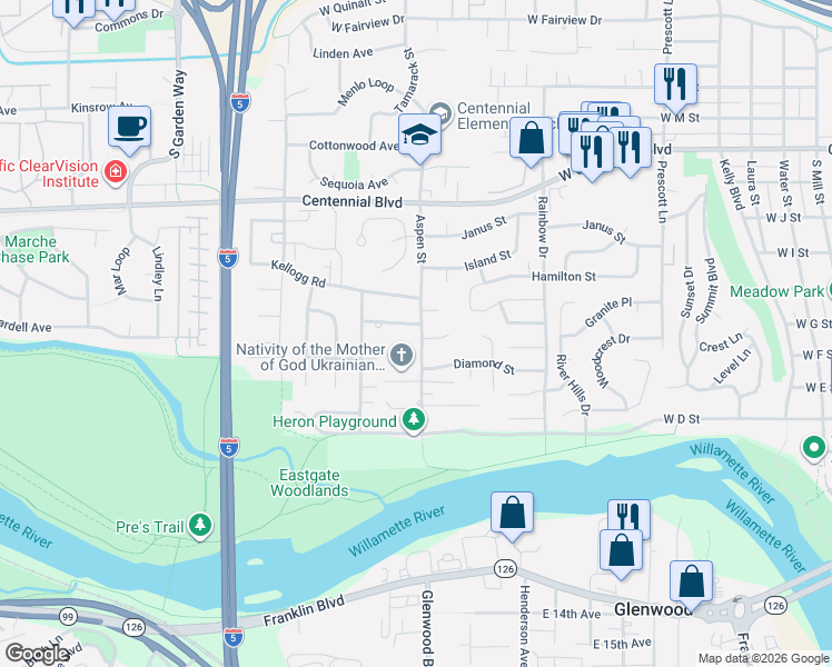 map of restaurants, bars, coffee shops, grocery stores, and more near 1353 Oksanna Street in Springfield