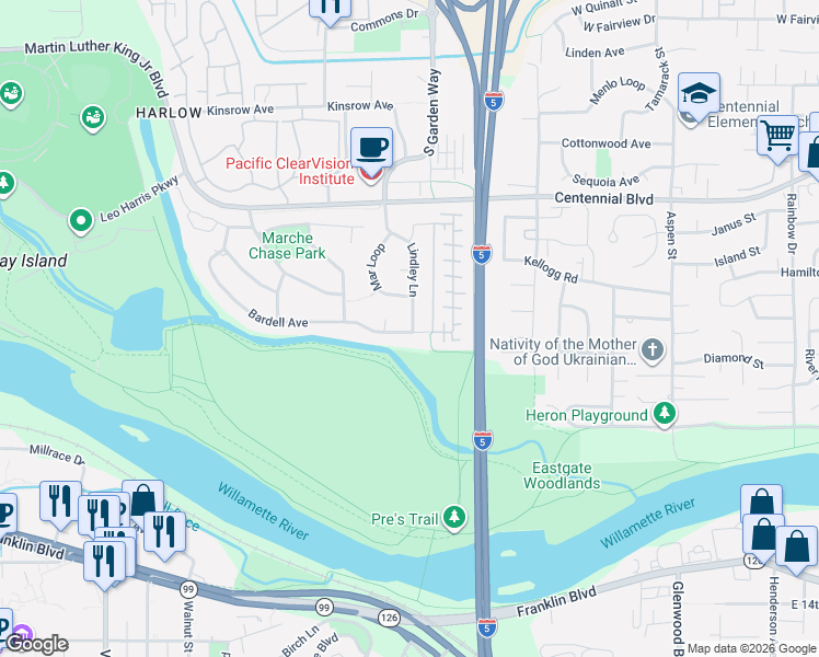 map of restaurants, bars, coffee shops, grocery stores, and more near 3635 Covey Lane in Eugene