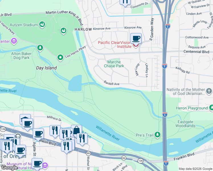 map of restaurants, bars, coffee shops, grocery stores, and more near 3398 Bardell Avenue in Eugene