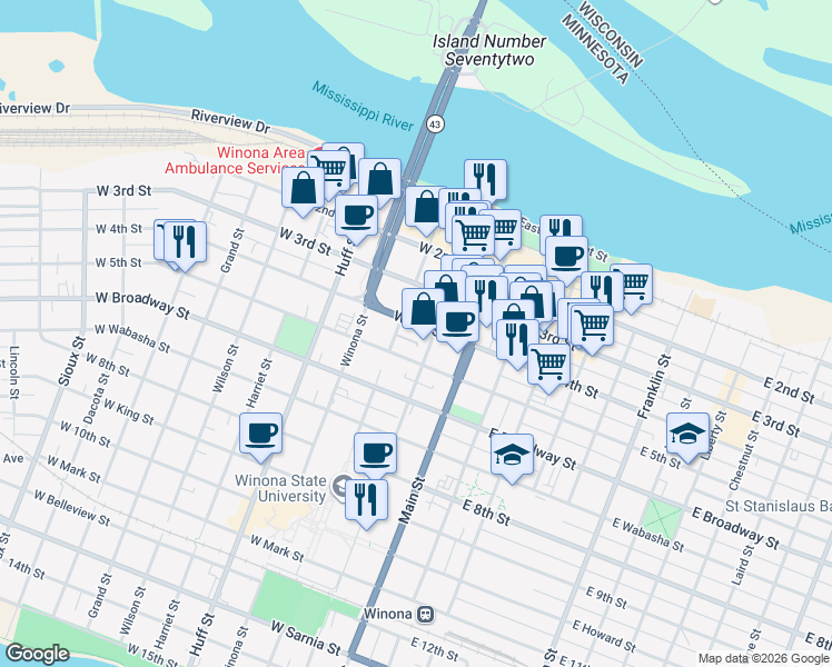 map of restaurants, bars, coffee shops, grocery stores, and more near 218 Washington Street in Winona