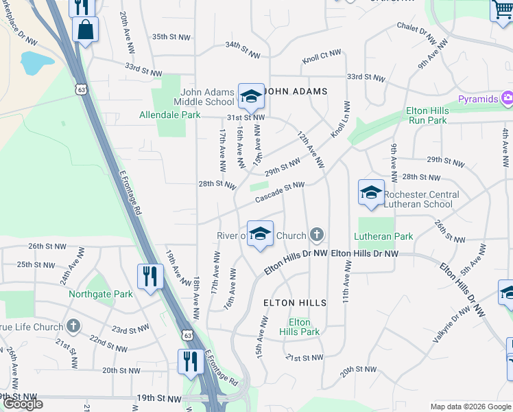 map of restaurants, bars, coffee shops, grocery stores, and more near 1450 Cascade Street Northwest in Rochester