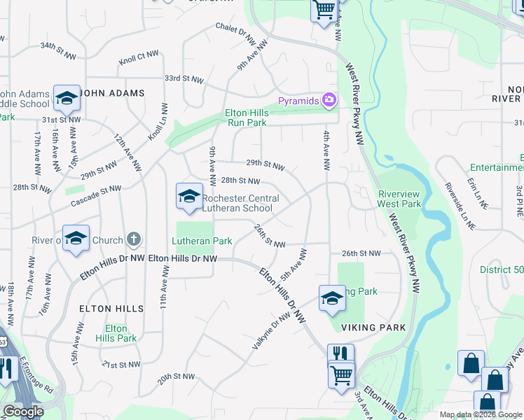 map of restaurants, bars, coffee shops, grocery stores, and more near 616 27th St NW in Rochester